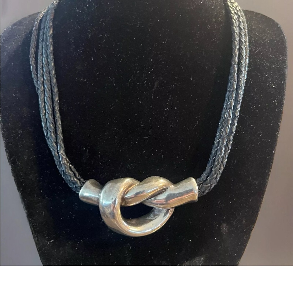 Sterling Silver Knot ISREAL  Design BRAIDED Black Leather Cord Necklace 925